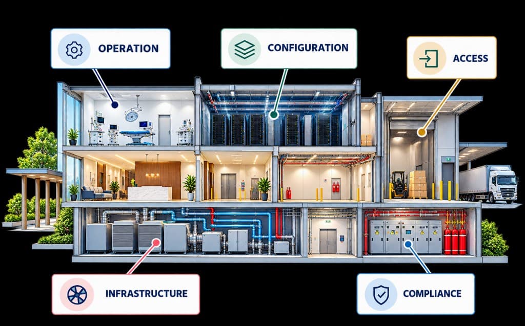 Annotated conceptual facilities layout showing operation, configuration, access, infrastructure and compliance