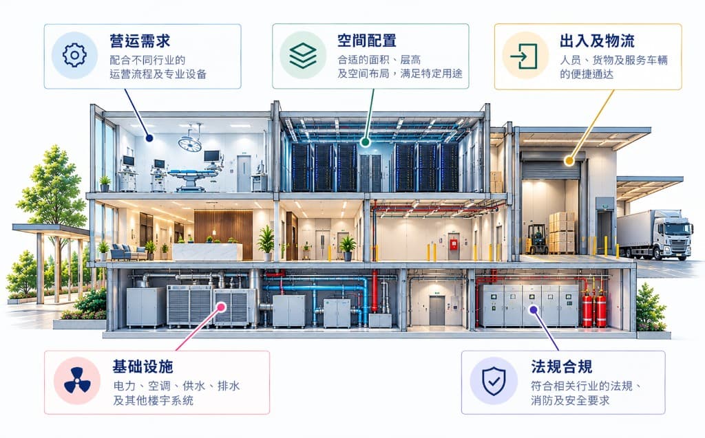 概念设施布局图,展示运营需求、空间配置、出入及物流、基础设施和法规合规