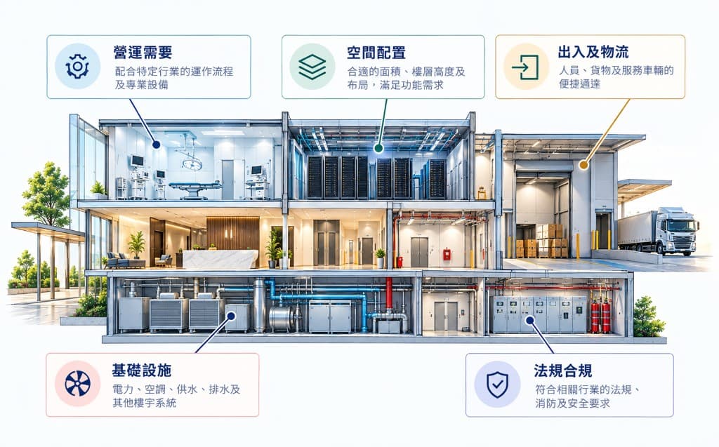 概念設施佈局圖,展示營運需要、空間配置、出入及物流、基礎設施和法規合規