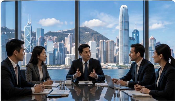 Business professionals in a Hong Kong boardroom overlooking the Central skyline