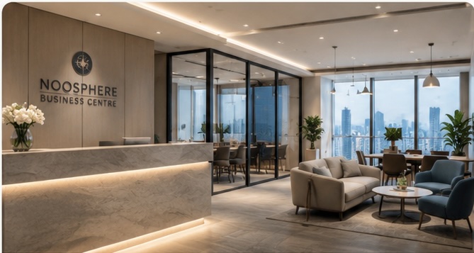 Serviced office interior with reception and lounge seating