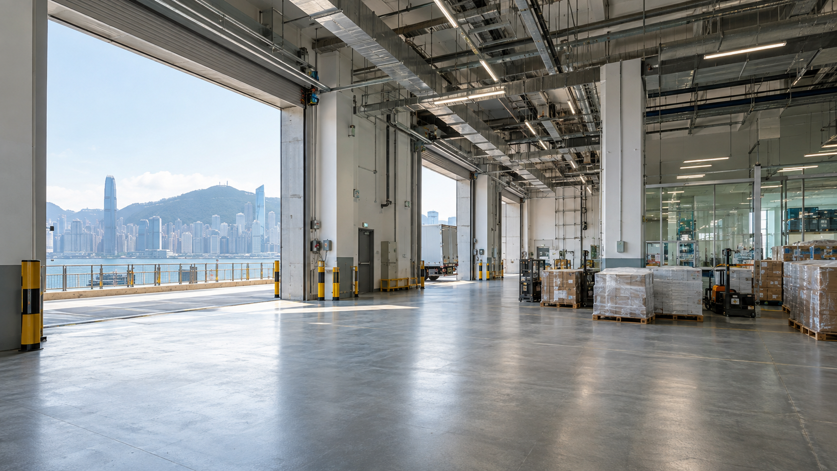Bright operational commercial facility interior with loading access and visible building services