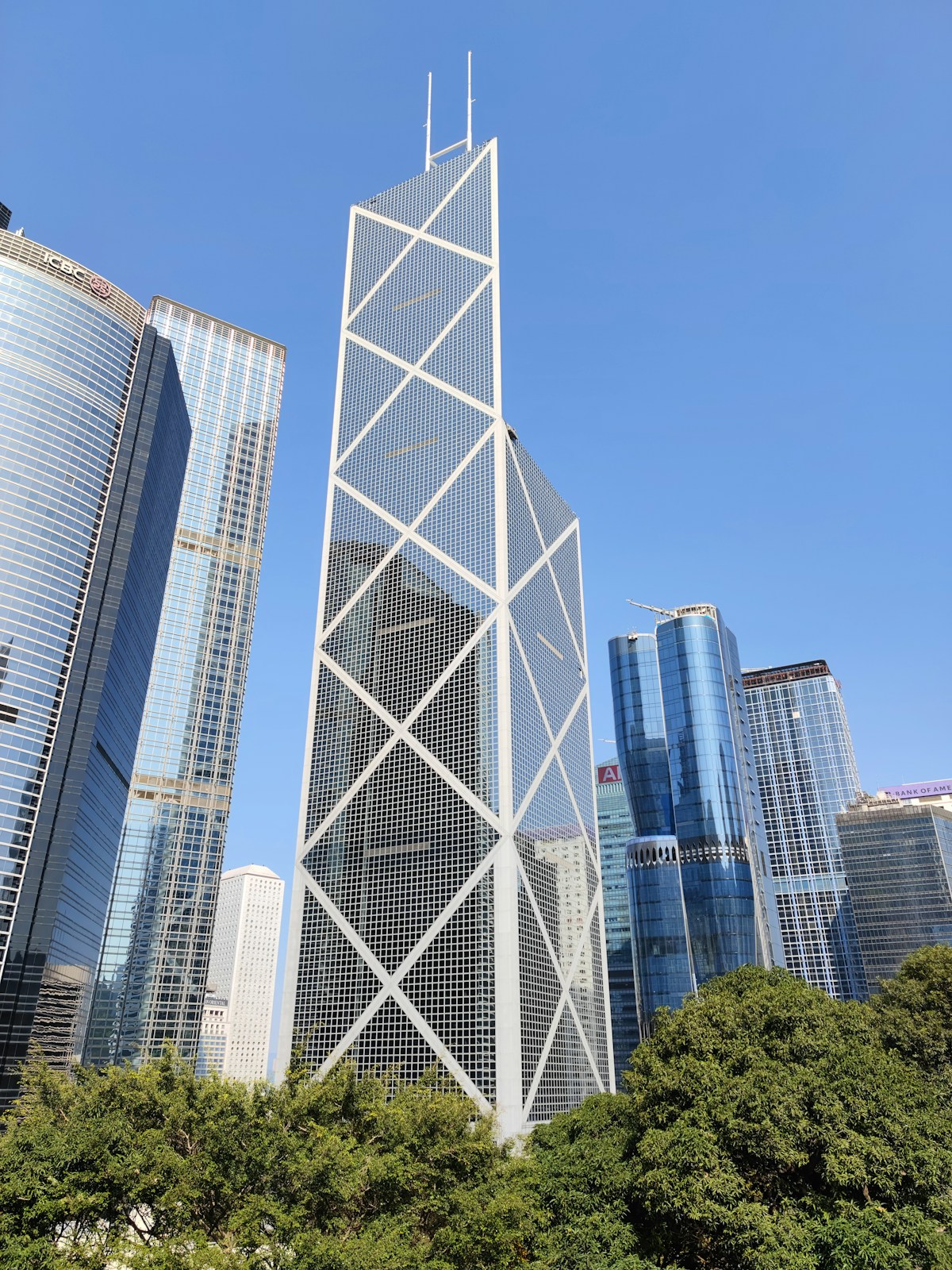 Bank of China Tower and surrounding Grade A commercial buildings in Hong Kong daylight