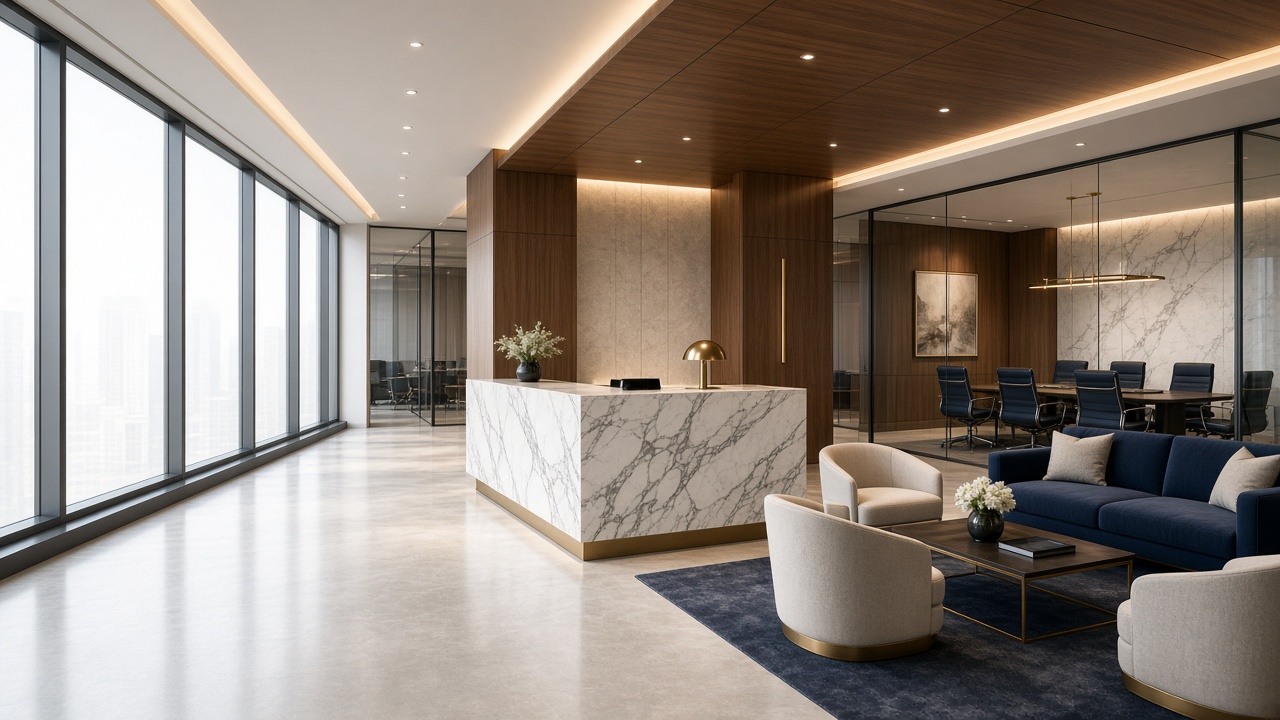 Contemporary premium serviced office reception lounge with marble desk and meeting facilities