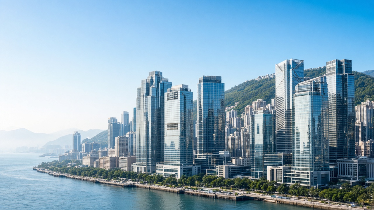 Bright Hong Kong high-rise commercial property district beside the harbour